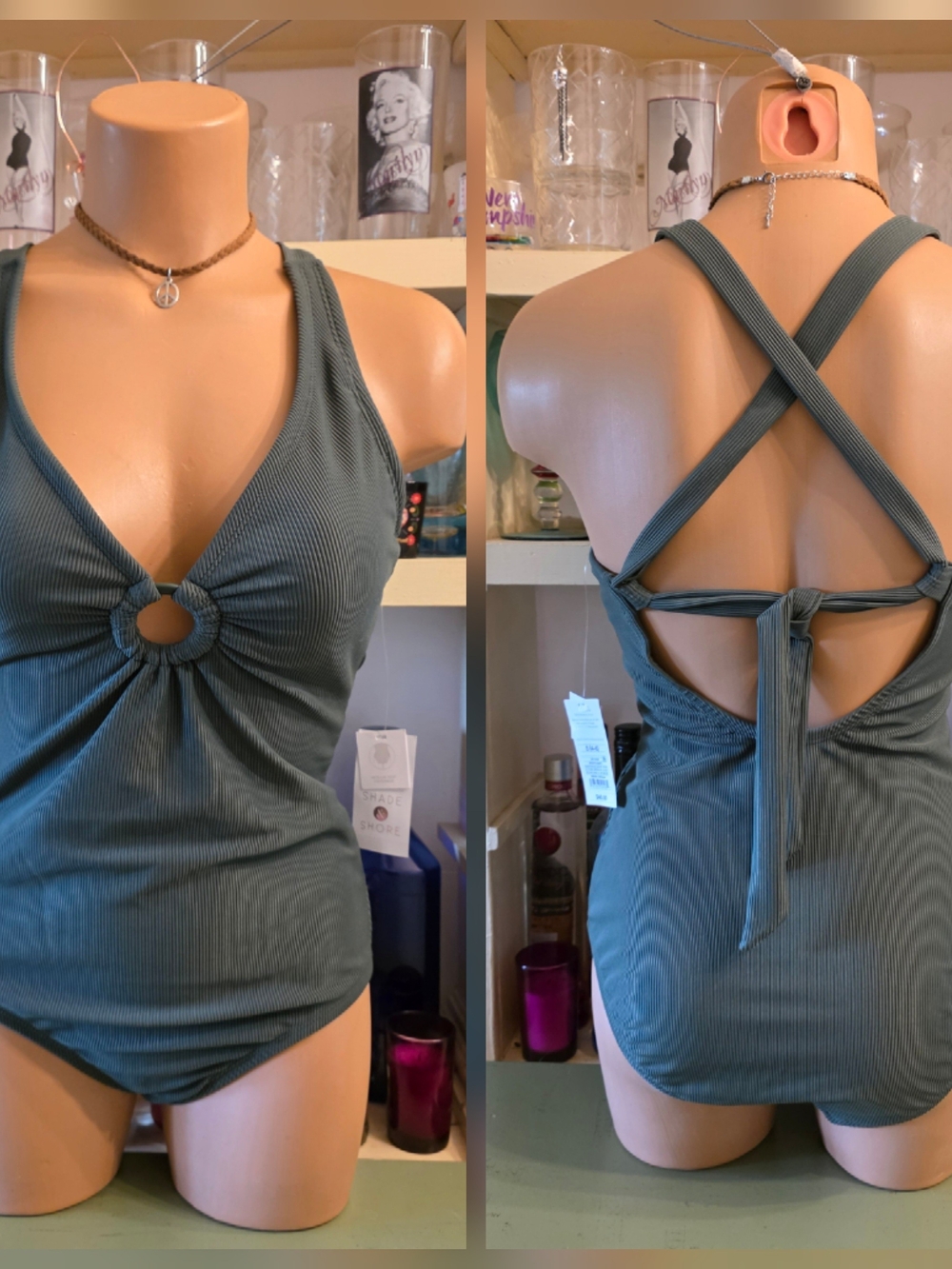Shade And Shore 1 Pc Swimsuit S 4-6 Moss Green Ribbed Plunge Medium Coverage NWT